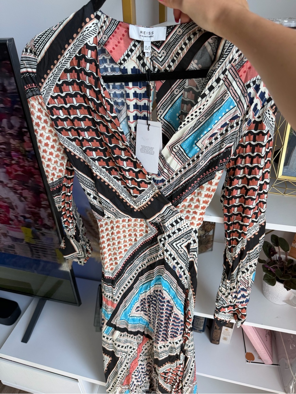 Reiss Multicolor Geometric Wrap Dress with Turquoise Accents